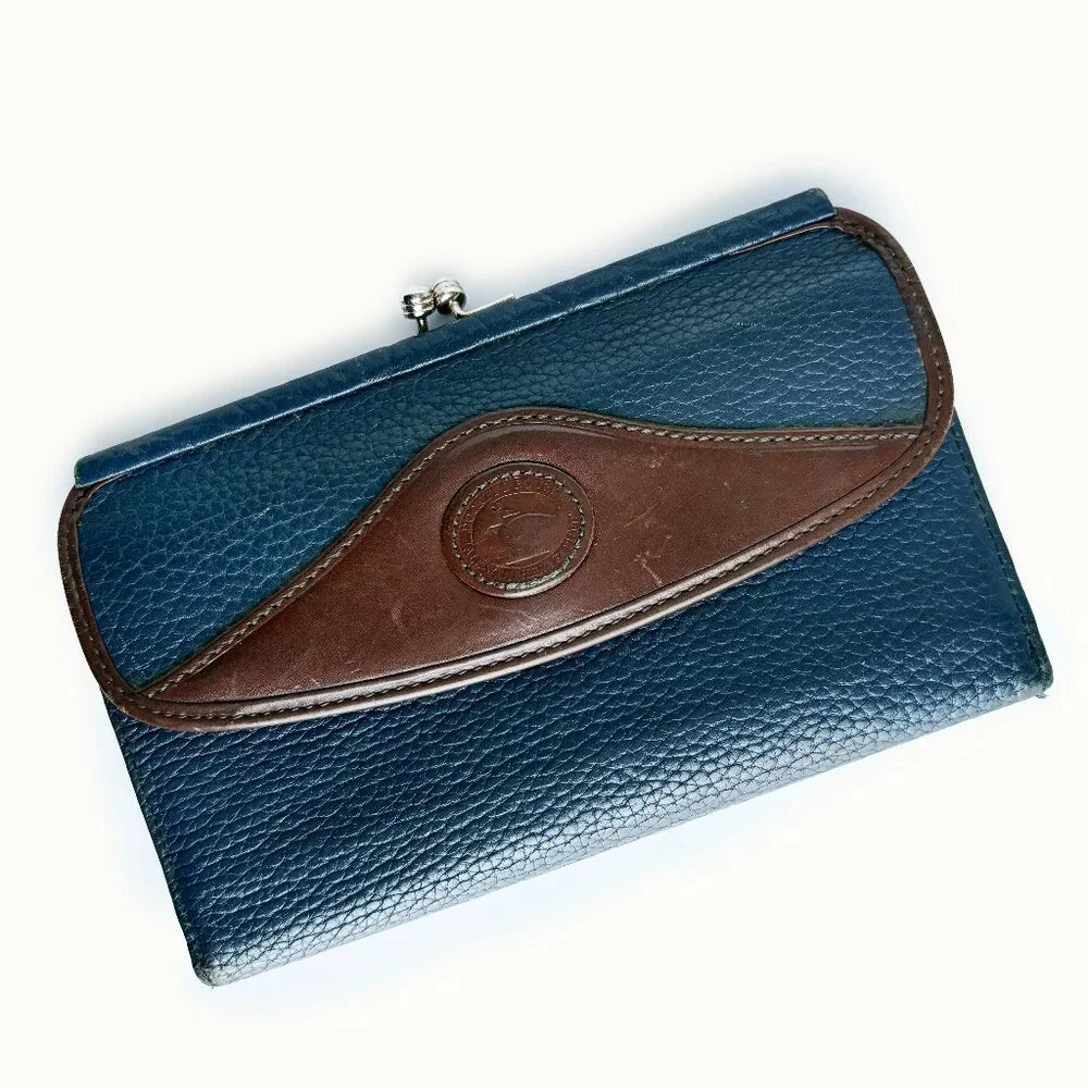 Dooney & Bourke Checkbook Wallet Blue AWL Brown Leather Trim Duck Kisslock